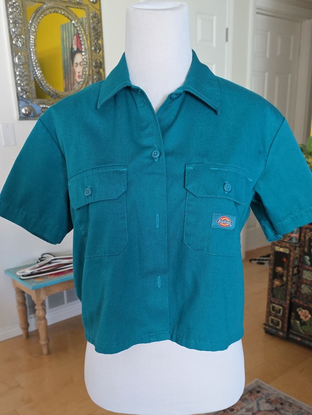 Dickies Teal Short-Sleeve Button-Front Cropped Work Shirt